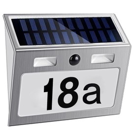 Solar Lights for Outdoor Use with Motion Sensor, Solar Illuminated House Number with 7 LEDs, Stainless Steel Solar House Number, IP44 Waterproof, 120° Lighting Angle, with Switch, Numbers, Letters