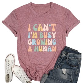Tewmeu Mama Shirt for Women I Can't I'm Busy Growing A Human Shirt, Funny Pregnant Women Pink X-Large