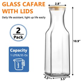Lacusmall Set of 2 Square Glass Carafe, 1 Liter Beverage Serveware Carafe with Bamboo Lid, Water Bottles, Clear Glass Pitchers for Mimosa Bar, Milk, Juice, Lemonade(2 Bottles)