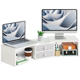 TEAMIX Dual Monitor Stand Riser with 2 Drawers - Length and Angle Adjustable White Monitor Stand with Storage Large Computer Riser for 2 Monitors/Laptop/PC, Wood Screen/TV Stand Desk Organizer
