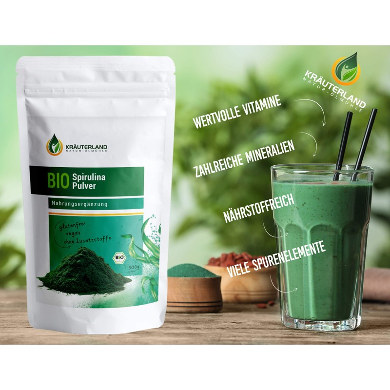 Kräuterland Organic Spirulina Powder, 500 g, Spirulina Powder, Vegan Algae