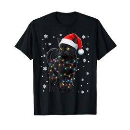 Black Cat Christmas Lights Santa Hat Holiday T-Shirt