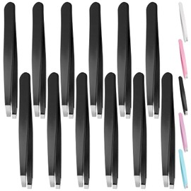 Swpeet 12Pcs 3.79 Inches Black Eyebrow Tweezers Stainless Steel Slant Tip Tweezers Kit, Professional Eyebrow Facial and Hair Remover, Slant Pointed Precision Tweezers Fits for Men and Women