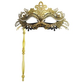 Pretishows Masquerade Mask for Women Mardi Gras Deecorations Black and Gold Venetian Masks with Stick