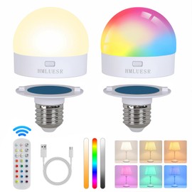 HMLUESR Rechargeable Light Bulbs with Remote Control, 3600mAh E26 Base Battery OperatedLED Bulb for Lamp Sconce, 300LM 15 RGB Lights Dimmable Timer Wireless Magnetic Led Light Bulb, 2 Pcs