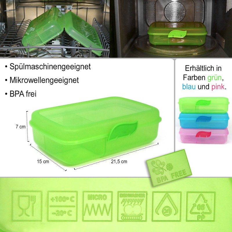 com-four® 3X Brotdose für unterwegs - Lunch-Box mit Trennwänden -