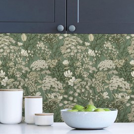 MuralPeel Vintage Teal Green White Wildflower Baby’s Breath Botanical Plants Peel and Stick Wallpaper Self Adhesive Removable Easy Peel Off Stick on Wall Paper for Bedroom Cabinet Renter