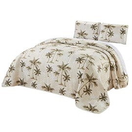 3-Piece Fine Printed Oversize (115" X 95") Tropical Palm Tree King Size Quilt Set Reversible Bedspread Coverlet Bed Cover (Beige, Sage Green, Brown)