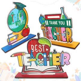 ABTOLS 3PCS Teacher Appreciation Table Centerpieces, Colorful Best Teacher Wooden Table Sign Thank You Teachers Apple Globe Desk Decorations Gifts for Teachers Home School Classroom