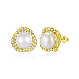 Real Pearl Earrings for Women 925 Sterling Silver Pearl Stud Earrings Freshwater Cultured Pearl Studs with Cubic Zirconia for Mother (A-Gold)