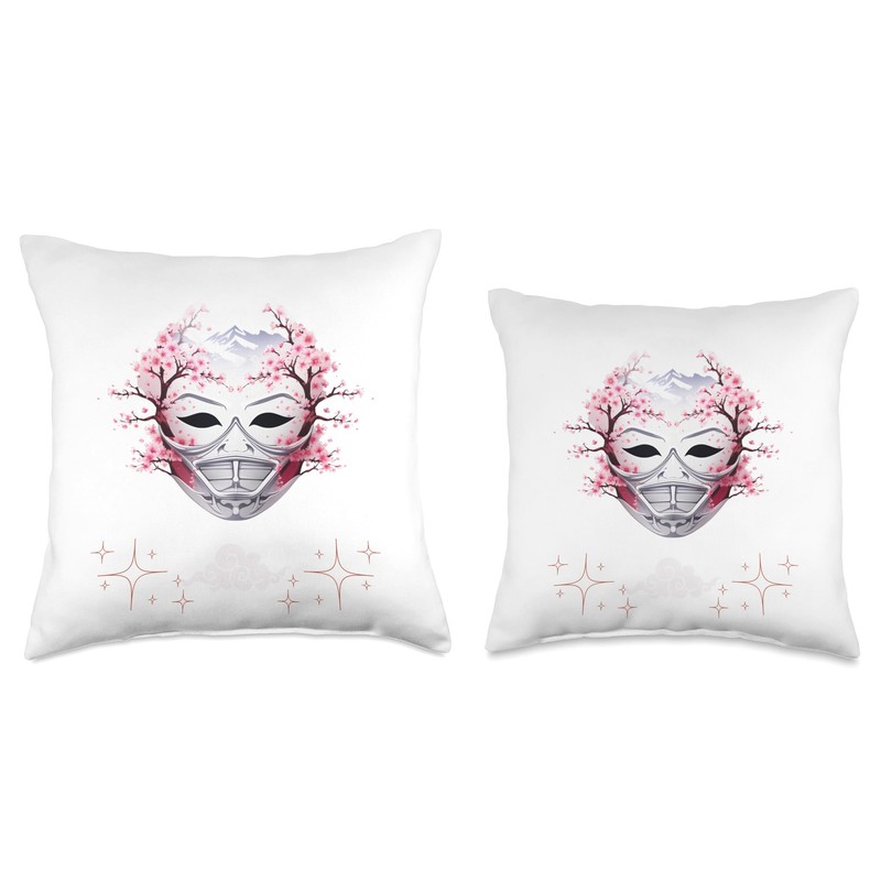 Samurai Mask Japanese Anime Kawaii Blossom Cherry Flower Throw Pillow