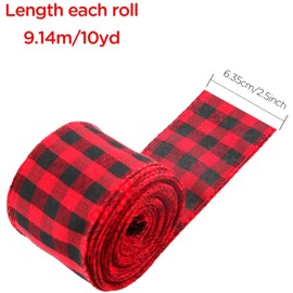 AIEX 3 Rolls Christmas Wired Ribbons, 2.5”x10 Yards Black Red/Black White Buffalo Plaid Ribbons and Natural Burlap Ribbon for DIY Craft, Gift Wrapping, Christmas Wedding Craft Decorations