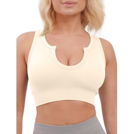 Super Eagle® Bralettes Sports Bras for Women High Impact Crop Top Seamless Padded Comfort Sport Wirefree Push up Bra Notch Neckline Workout Yoga Running Gym Beige