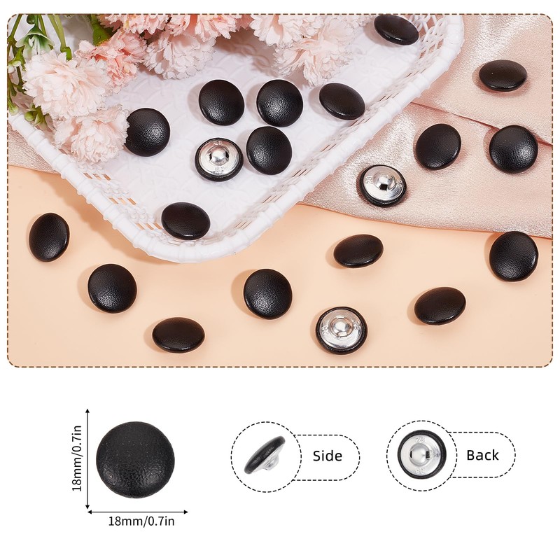 letsinstyle 20 PCS 18mm Faux Leather Covered Buttons, Black Round