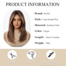Ginger Pelucas para las mujeres de longitud media larga peluca recta con cortina Bangs Pelucas de pelo sintético resistente al calor para todos los dí