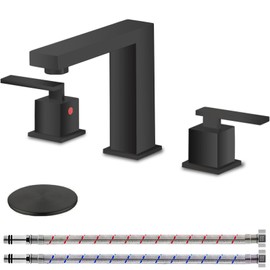 KINGO HOME 3 Hole Matte Black Bathroom Faucet, 8 Inch 2 Handle Modern Widespread Bathroom Sink Faucet, Vanity Basin Sink Faucet with Supply Hoses and Pop-Up Drain Stopper
