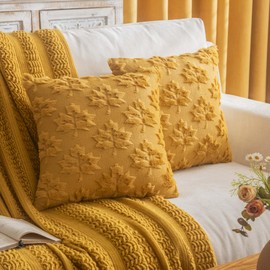 COSIBONO Maple Leaf Fall Throw Pillow Covers 18"x18" Set of 2, Mustard Yellow Farmhouse Decorative Pillow Cover for Autumn Harvest Holiday Accent Pillowcases, Faux Fur Pillow Covers for Couch Bed Room