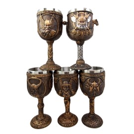 Atlantic Collectibles Norse Mythology Viking Deities Odin Loki Thor Valkyrie Battle Longship 7oz Resin Wine Goblet Chalice Set of 5 With Stainless Steel Liner