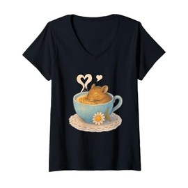 Womens Sleeping Degu Tea Cup Heart Steam Art V-Neck T-Shirt