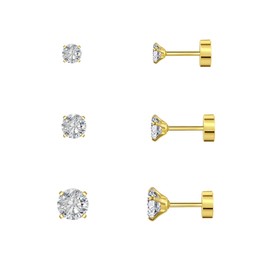 QXXPVV 3Pairs 20G G23 Titanium Hypoallergenic Stud Earrings Flat Back Earrings Cubic Zirconia Cartilage Tragus Screw Back Earrings Piercing for Women Men(small 3pairs gold titanium)