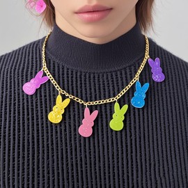 Locrccl Easter Necklace for Women,Colourful Peep Necklaces Cute Bunny Rabbit Pendant Paperclip Necklace Spring Holiday Outfit Easter Jewelry (Glistering)
