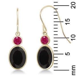 Gem Stone King 14K Yellow Gold Black Onyx and Red Ruby Hook French Fish Ear Wire Dangle Earrings For Women (2.46 Cttw, Gemstone December Birthstone, Oval 8X6MM, Round 3MM)