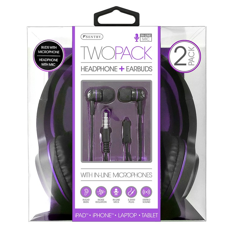 Sentry BLWHC103 Overhead & Buds 2PACK Wireless Black/Purple