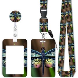 ID Badge Holder with Retractable Lanyard and Keychain, Badge Reel with Rotate Carabiner Clip,Cute Dragonfly Card Name Tag Lanyard ID Protector Bage Clips for Student, Women, Office