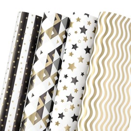 PlandRichW Wrapping Paper Folded Black White and Gold Matte Design Stars, Stripes, Ripples, Plaids for Birthdays, Christmas, Graduations, Weddings, Father's Day 4 Styles 20" X 29" 12 Sheets