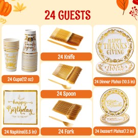 JOYIN 168Pcs Thanksgiving Paper Plates Set, Disposable Dinnerware for Festive Gathering,Thanksgiving Party Fall Harvest, Paper Gold Disposable Dinnerware Set for 24 Guests, Party Supplies