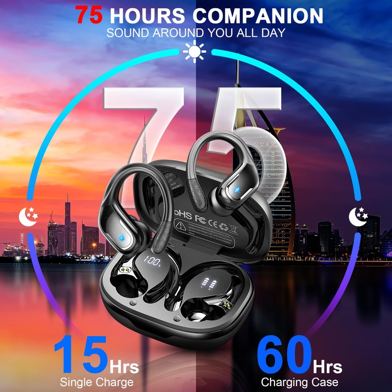 Wireless Earbud, 75Hrs Bluetooth 5.4 Headphones IP7 Waterproof for Sport,