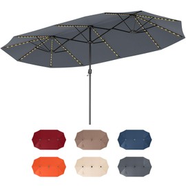 Tangkula 15.5 FT Extra-Large Patio Umbrella w/LED Solar Lights, Crank Handle, 12 Heavy-Duty Ribs, Outdoor Double-Sided Market Umbrella Rectangular Twin Parasol for Garden Deck Lawn Poolside (Grey)