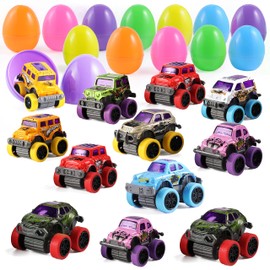 JOYIN 12 Pcs Easter Eggs Filled with Pull Back Monster Cars, Easter Trucks Cars for Kids ​Egg Hunt, Basket Stuffers Filler and Classroom Prize Supplies, Party Favors