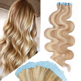 16 Inch 20pcs 50g Remy Tape in Hair Extensions Wavy Human Hair Highlight Body Wave Hair Seamless Skin Weft Glue in Human Hairpieces 2 Tones Balayage #18/613 Ash Blonde Mix Bleach Blonde