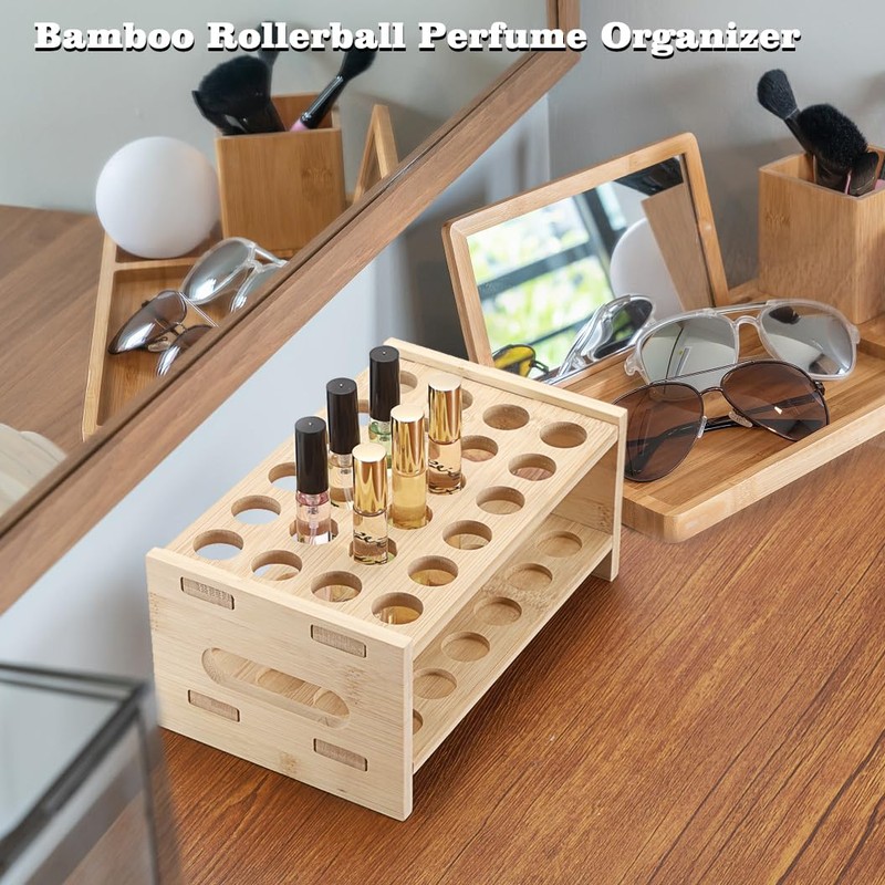 ELLDOO Rollerball Perfume Organizer, 24 Spaces Bamboo Perfume Storage Holder
