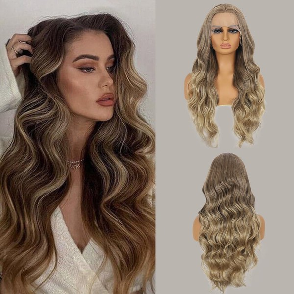 Salomezklm Brown Wig Ombre Brown Front Wig for Women, Long Wavy Curly Synthetic Lace Front Wigs with Pre-Plucked 24 Inches