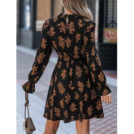 CUPSHE Women's Mock Neck Floral Mini Fall Dress Long Ruffle Sleeve Elastic Waist Smocked Casual Flowying Mini Dresses Black Floral, L