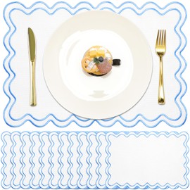 Gandeer Set of 12 Linen Placemats 13“ x 19” Wavy Embroidery Scalloped Placemat Double Layered Washable Farmhouse Dinner Table Mats Decor Fabric Napkins for Hotel Restaurant Wedding Party(Sky Blue)