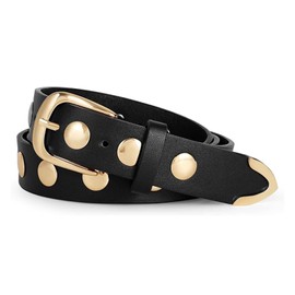 WELLATENT Studded Leather Belt for Women, Fashion Punk Belt for Jeans Dress Ladies Western Leather Belt., Black-gold, Medium