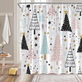 Merry Christmas Shower Curtain Xmas Tree Snowflake Pine Tree Forest Winter Holiday Featival Rustic Pink Blue Bathroom Home Curtain with Hooks,70" Wx70 H