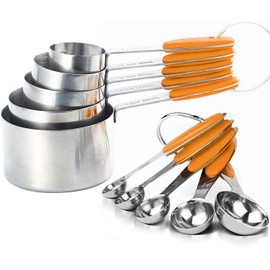 SEEK42 Measuring Spoons and Cups Set of 10 Pieces, Stainless Steel Measuring Utensils with BPA-Free Silicone Grips,Metal Scale Tools for Kitchen Cooking Baking, Dishwasher-Safe (Orange)