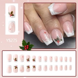 Christmas White French Tip Press on Nails Short Square Fake Nails with Xmas Tree Design Glitter Pink Glossy Acrylic Nails Full Cover False Nails Stick on Nails for Women DIY Christmas Nails 24 Pcs