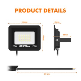 GRIFEMA GRIFEMA 20W LED Floodlight Outdoor, 2200LM, 6500K Cool White, IP66 Waterproof, Adjustable 180 Bracket, Security Lighting for Garden, Garage, Yard, Pack of 2