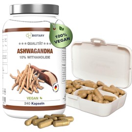 Ashwagandha 240 Capsules, 10% Withanolide, Includes Pill Box, 1500 mg Daily Portion, 4 Month Supply, Vegan, Pure Vegetable Without Additives, Indian Ginseng, Ayurveda