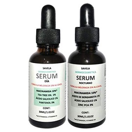 2 Serum, Suero Dia y noche, Niacinamida 10% , A cido Salicilico1%, Pantenol 3% , Zinc PCA3% , Tea tree oil 1% , Aceite de Bergamota, Hidratante, seborregulador, limpiador facial, luminosidad y unificacion de tono de piel, cutis graso o mixto. 30ml c/u