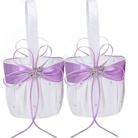 2 cestas de boda para niña de flores, cesta de almacenamiento de flores de satén blanco con doble corazón de diamantes de imitación para decoración de fiesta de compromiso, ceremonia (lavanda)