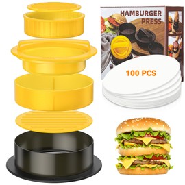 HOOMIL Burger Press, 3-in-1 Hamburger Press Set, Dishwasher Safe, Professional Burger Patty Press with 100 Sheets of Non-Stick Burger Paper for Delicious Hamburgers, Patties - Yellow