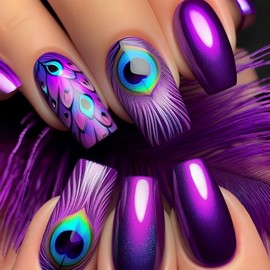Purple Gradient Press on Nails Medium Square Shaped Fake Nails Peacock Feathers Designs Glossy Acrylic Nails Peacock Eyes False Nails Full Cover Stick on Nails for Women DIY Manicure 24 Pcs