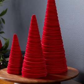 Red Velvet Cones Set of 3, Mantel decor, Holiday Entryway, Rustic Winter Home, Valentine's, Modern Christmas, Tree Figurines (Red)