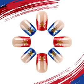 24Pcs Fourth of July Press on Nails 4th of July Acrylic Medium Square Fake Nail Glossy Red Glitter French False Nails Gold Stars Stick on Fingernails Independence Day Gel Glue on Nail for Women Girls